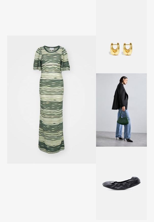 Robe maxi avec des motifs ondulés verts et beige, à manches courtes bouffantes et encolure ronde. Fabriquée en tissu doux et texturé.; Chaussure plate en cuir noir avec un bout arrondi et un design froncé le long de l'ouverture. Présente un détail discret en métal argenté sur le devant.; DRAGON DIFFUSION ROSANNA - Sac à main - forest; Boucles d'oreilles en or avec un design élégant et arrondi. Présentent un centre creux et une surface brillante, complétant les styles modernes.