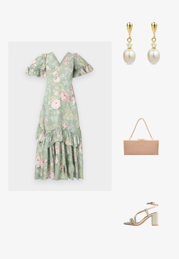 Robe maxi florale en vert doux avec un décolleté en V, des manches bouffantes, des accents en volants et un ourlet à plusieurs niveaux. Présente des roses roses et de petites fleurs bleues.; Sandales à talons blocs beige avec un design à plusieurs lanières et une boucle ajustable à la cheville. Texture lisse et forme de orteil carrée.; Pochette en métal rose doré avec une texture en maille, quincaillerie dorée et une fine bandoulière tressée.; Boucles d'oreilles goutte en or avec des perles blanches et de petites pierres précieuses transparentes au-dessus de chaque perle, présentées sur un fond blanc.