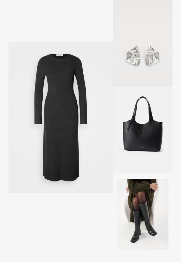 Robe en tricot à manches longues, gris foncé, avec une silhouette ajustée, un col rond et des fentes latérales pour faciliter le mouvement. Texture lisse sur l'ensemble.; Bottes en cuir noires arrivant au genou, avec un bout carré et un talon carré, présentées sur un modèle assis dans un manteau vert olive. Texture lisse, détails minimaux.; Sac fourre-tout en cuir noir avec une texture lisse, ouverture sur le dessus, deux poignées, et un logo doré subtil à la base. Caractérisé par une fermeture à cordon.; Boucles d'oreilles en métal argenté avec un design ondulé et sculptural, présentant une finition polie et des formes irrégulières, mettant en valeur une esthétique contemporaine.