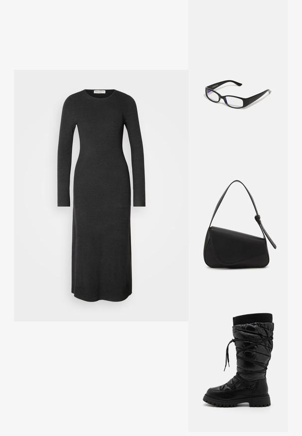 Robe en tricot à manches longues, gris foncé, avec une silhouette ajustée, un col rond et des fentes latérales pour faciliter le mouvement. Texture lisse sur l'ensemble.; Bottes noires montantes en cuir avec une texture matelassée, dotées d'un laçage, d'un revers côtelé contrastant en haut et d'une semelle épaisse et robuste.; Des lunettes rectangulaires noires avec des verres transparents. Fini brillant, branches étroites et teinte violette visible sur les bords des verres.; Sac à main en cuir noir de forme triangulaire, avec un rabat incliné et une poignée supérieure arrondie. Il présente une texture lisse et des détails de design minimalistes.
