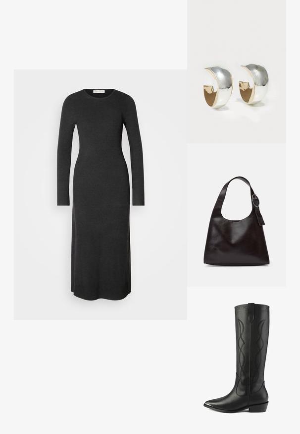 Langsleeve, donkergrijze gebreide jurk met een fitted silhouet, ronde halslijn en zijsplitten voor gemakkelijke beweging. Glad textuur overal.; Hoge zwarte leren laarzen hebben een spitse neus, blokhak en decoratieve stiksels met elkaar verweven lijnen langs de schacht.; Bruine lederen schoudertas met een gladde textuur, ronde vorm, brede strap en een cirkelvormig metallic accent op de handgreep.; Uncommon Matters SCULPTED CREOLE - Oorbellen - silver-coloured/gold-coloured