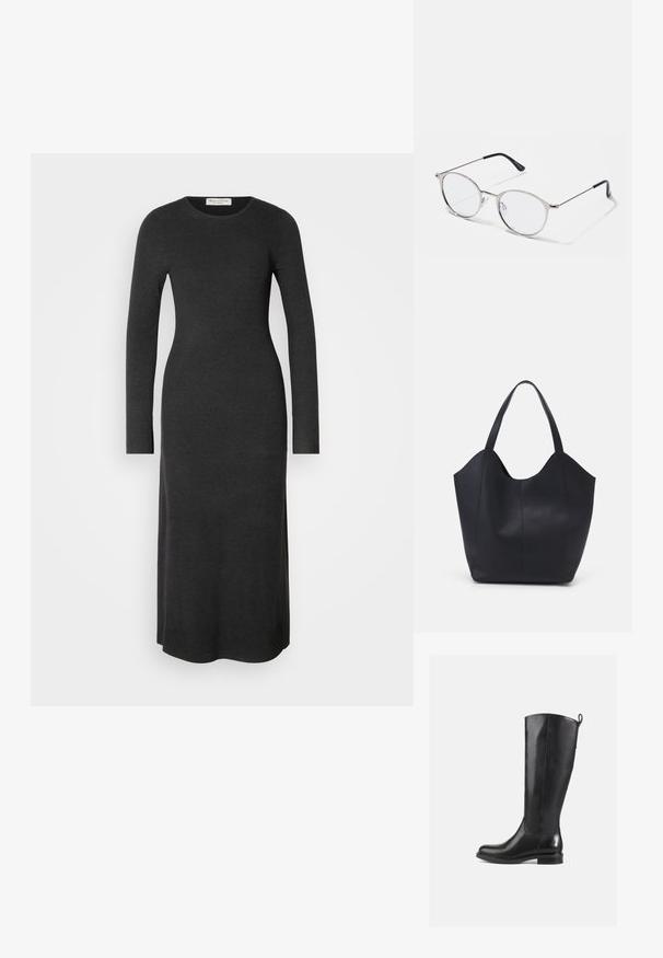 Robe en tricot à manches longues, gris foncé, avec une silhouette ajustée, un col rond et des fentes latérales pour faciliter le mouvement. Texture lisse sur l'ensemble.; Bottes en cuir noir jusqu'au genou avec une finition lisse, bout rond, talon bas et une languette à l'arrière. Design minimaliste sans motifs visibles.; Lunettes en métal argenté avec des verres ronds et une fine monture. Les embouts de branches noirs offrent un contraste. Plaquettes de nez ajustables incluses.; Sac fourre-tout noir en cuir lisse, doté d'un haut ouvert et courbé avec deux brides d'épaule et un design minimaliste.