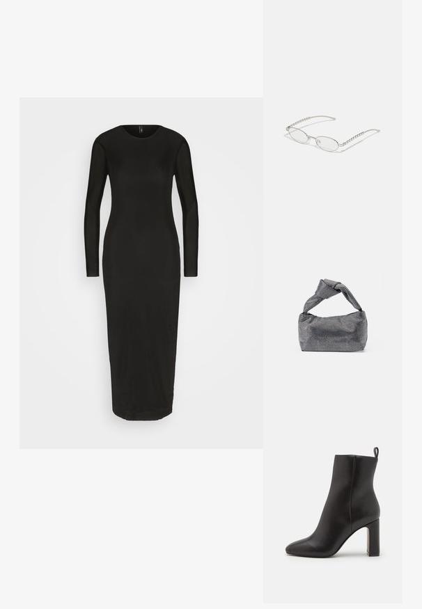 ONLY ONLTINA DRESS - Šaty do práce - black; Čierne kožené členkové topánky s špicatou špičkou, cylindrickým vysokým podpätkom a slučkovou pútkom na zadnej strane pre jednoduché obúvanie. Hladká textúra.; Oválne okuliare s kovovým strieborným rámom, priesvitnými šošovkami a textúrovanými perlovými akcentmi na spánkoch. Ľahký dizajn s zahnutými ramenami.; Čierna a strieborná kabelka s textúrovaným povrchom so vzorom diamantov, s uzlovou rukoväťou a štruktúrovaným tvarom.