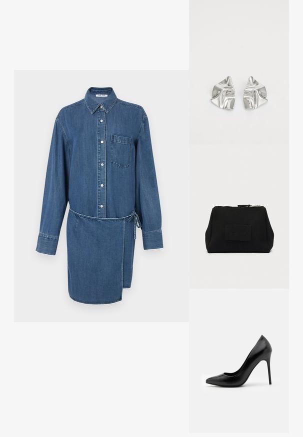 Denim-Kleid in Dunkelblau mit durchgehender Knopfleiste, langen Ärmeln, einer einzelnen Brusttasche und einem Taillenbindegürtel.; Schwarze Leder-Pumps mit hohen Absätzen, spitz zulaufender Zehenpartie und glatter Textur. Verfügt über einen schmalen Stiletto-Absatz und ein tief ausgeschnittenes Obermaterial.; Schwarze, rechteckige Tasche mit strukturierter Oberfläche, Reißverschluss und einem kleinen Stoff-Logopatch in der Mitte der Vorderseite.; Silberne Metallohrringe mit einem wellenförmigen, skulpturalen Design, das eine polierte Oberfläche und unregelmäßige Formen aufweist, die eine zeitgenössische Ästhetik betonen.