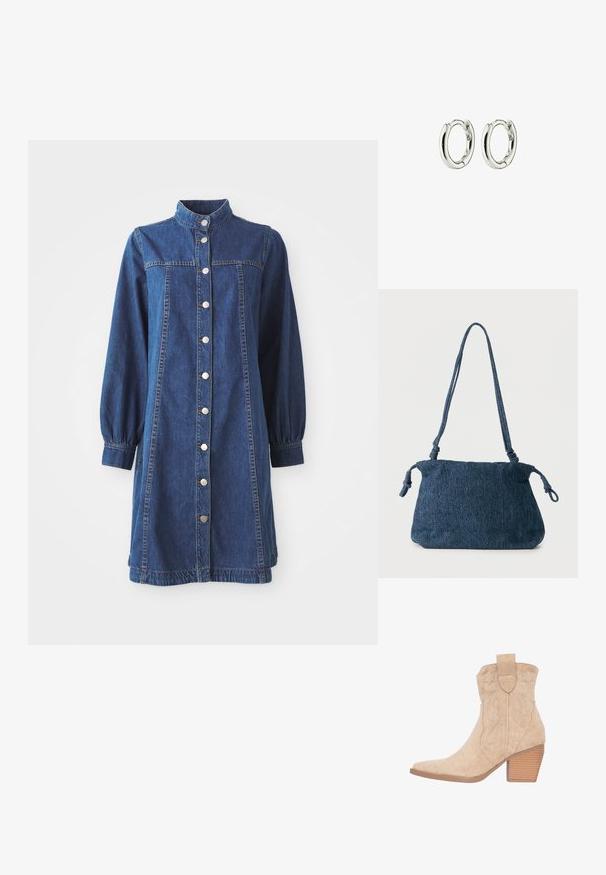 Denim shirtjurk met een kraag, knopen aan de voorkant, lange poffige mouwen en elastische manchetten. Beschikt over een klassieke blauwe wassing en een rechte snit.; Beige suède cowboylaarzen met een pointed toe, decoratieve stiksel en een gestapelde hak. Heeft een trekband aan de achterkant.; Donkerblauwe spijkerstof schoudertas met knoopdetails aan de band en een eenvoudig rechthoekig ontwerp tegen een witte achtergrond.; Zilveren creolen met een gladde, glanzende afwerking. Geronde vorm met een veilige sluiting. Minimalistisch ontwerp met een subtiele draai-detail.
