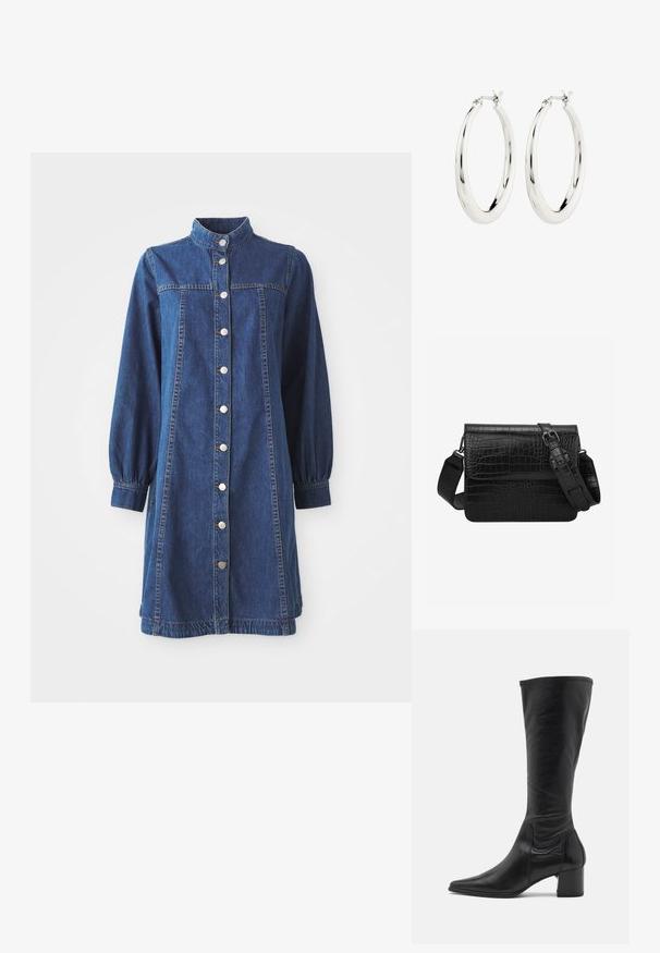 Denim shirtjurk met een kraag, knopen aan de voorkant, lange poffige mouwen en elastische manchetten. Beschikt over een klassieke blauwe wassing en een rechte snit.; Zwarte leren laars tot de knie met een puntige neus, minimale naaddetails en een chunky vierkante hak. Soepele textuur met een glanzende afwerking.; Zwarte handtas met krokodillenstructuur, rechthoekige vorm, klepsluiting en verstelbare schouderriem met gesp.; Zilveren oorbellen in de vorm van een gladde, glanzende ring. Circulaire vorm, voorzien van een veilige sluiting. Eenvoudig en elegant ontwerp.