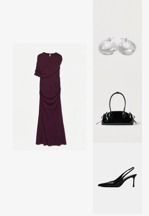 Vestido largo morado oscuro de un solo hombro con detalles fruncidos en la tela y un pequeño cierre en forma de ojo de cerradura en la parte posterior del escote.; Tacón slingback de charol negro con punta afilada, diseño elegante y tacón stiletto estrecho. Textura suave, adornos minimalistas.; Pequeño bolso negro brillante con dos asas largas y detalles de cordón lateral sobre un fondo claro liso.; Un par de pendientes de aro en forma de media luna pulidos en plata, con respaldos de plástico transparente, sobre una superficie blanca.