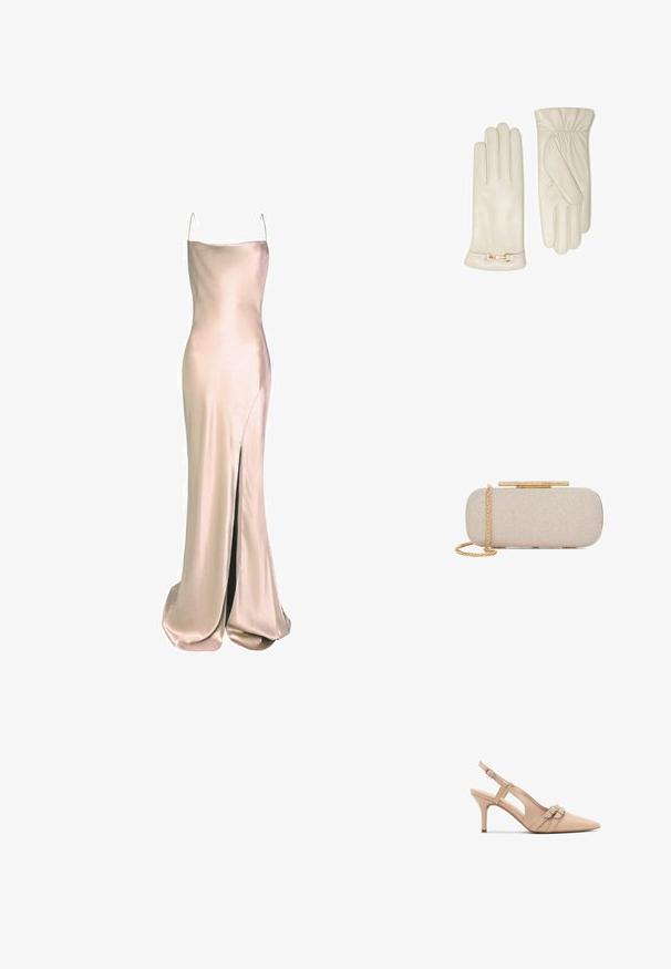 True Decadence Galajurk - champagne satin; Beige slingback hakken met een spitse neus, voorzien van twee decoratieve gespen en een 7 cm hoge stilettohak. Gladde leren textuur en open zijkanten.; Rechthoekige beige gestructureerde clutch met goudkleurige kettingband en goudkleurig sluiting versierd met strass steentjes op witte achtergrond.; Crème leren handschoenen met een gladde textuur, voorzien van een geplooide pols en gouden hardware-details bij de manchet.