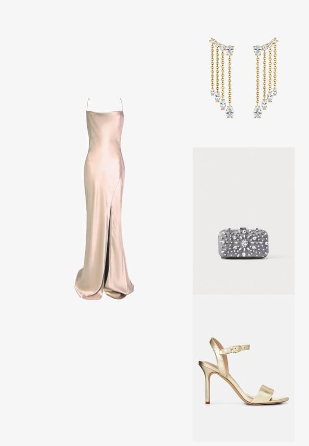 True Decadence Ballkleid - champagne satin; Goldfarbene, metallische, geschnürte High-Heel-Sandale mit einer Schnallenverschluss, offenem Zehenbereich und glatter Textur. Verfügt über einen schmalen, spitzen Absatz.; Kleine rechteckige dunkelgraue Clutch, verziert mit klaren Strasssteinen in einem strahlenförmigen Muster und einem silbernen Kettenriemen.; Goldfarbene Ohrringe mit überlappenden Ketten und klaren Kristallakzenten in unterschiedlichen Größen. Das Design umfasst birnen- und rundförmige Kristalle.