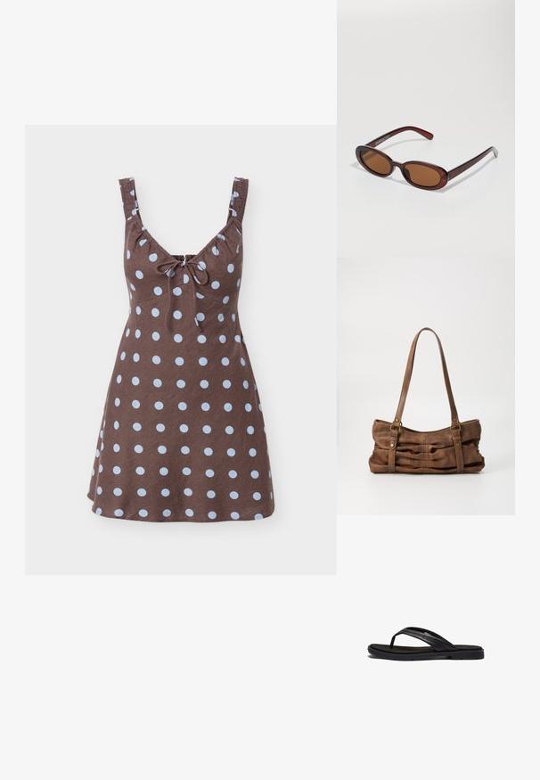 Vestido marrón sin mangas con lunares azul claro, lazo anudado al frente y tirantes con volantes, presentado sobre un fondo blanco.; Chancla negra con suela de goma de textura suave y correas sintéticas elegantes. El diseño incluye un hardware minimal y un perfil bajo.; Gafas de sol redondas con tinte marrón y un marco burdeos brillante. Patillas delgadas con un sutil detalle de marca. Diseño de lentes planos.; Even&Odd by Zalando Bolso de mano - brown