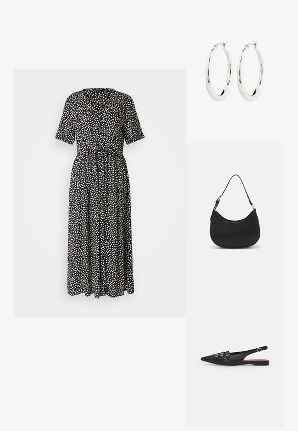 Schwarzes Kleid mit weißen Polka-Dots, V-Ausschnitt, kurzen Ärmeln, Taillengürtel und einem fließenden Rock, der bis zur Mitte der Wade reicht. Glatte Stoffstruktur.; Schwarze Leder-Slingback-Ballerina mit spitzem Zeh, ausgestattet mit zwei horizontalen Riemen und quadratischen silbernen Schnallen, mit flachem Absatz und glatter Oberfläche.; Schwarze Hobo-Tasche aus glattem Leder mit einer geschwungenen Silhouette, ausgestattet mit einem einzelnen verstellbaren Trageriemen und minimalistischem Design.; Silberne Creolen mit einer glatten, glänzenden Oberfläche. Kreisform, ausgestattet mit einem sicheren Verschluss. Einfaches und elegantes Design.