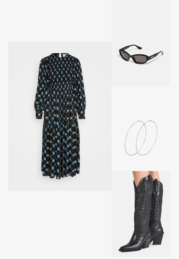 YAS YASKYLANA LONG DRESS - Jurk - black/kylana; Zwarte leren cowboylaarzen met spitse neuzen, decoratieve stiksels en schuine blokhakken gedragen door een persoon.; Zwarte zonnebril met een rechthoekig frame, donkere lenzen, gladde plastic materiaal en een metalen accent op de poot.; Zilveren hoepel oorbellen met een minimalistisch ontwerp. Cirkelvormig, gladde textuur en dun profiel. Lichtgewicht met een gepolijste afwerking.