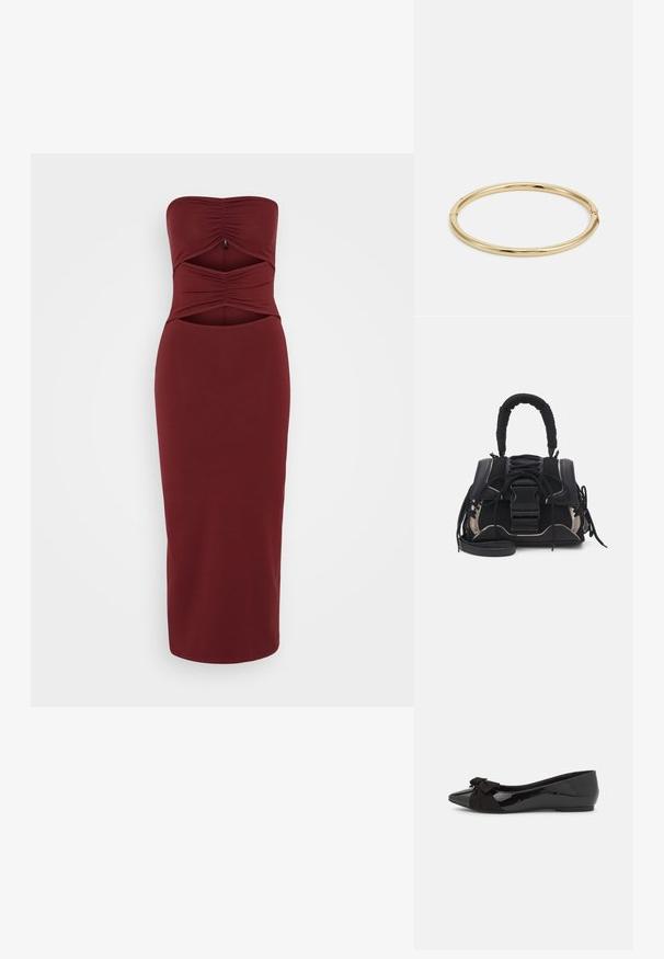 ONLY ONLLIVE LOVE CUT OUT DRESS - Cocktailkjole / festkjole - cabernet; Sort balletflade med en blank patentfinish og en kontrasterende sort ruskinds sløjfe på tåen. Flad sål. Minimalistisk design.; Sort mesh-taske med en struktureret form, teksturerede detaljer, et kort håndtag med polstret greb og en aftagelig skulderrem.; Gul armbåndsarmbånd med en glat, skinnende overflade, der har en rund form og en subtil låsedetalje.
