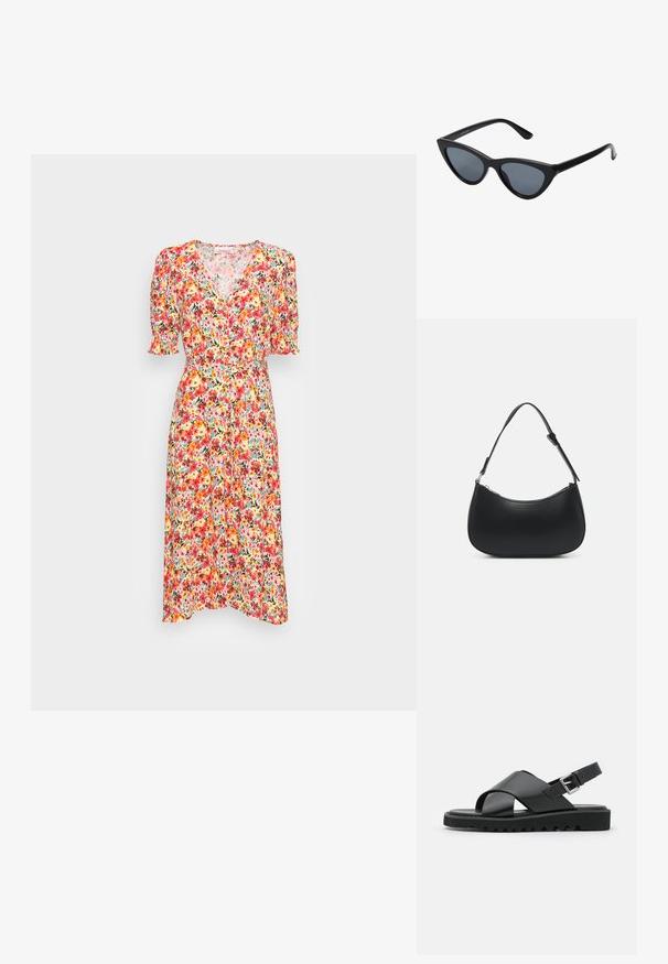 ONLY ONLFREDERIKKE V NECK BELT DRESS - Blusenkleid - cloud dancer/pink; Schwarze Leder-Sandalen mit einem Kreuzriemen-Design, verstellbarem Schnallenverschluss und strukturierten Sohlen mit Rippen für besseren Halt.; Schwarze Cat-Eye-Sonnenbrille mit dunkelgrauen Gläsern, schlankem Kunststoffrahmen, spitzen Ecken und geraden Bügeln. Keine sichtbaren Befestigungen oder Akzente.; Pieces PCALUANA SHOULDER BAG - Handtasche - black