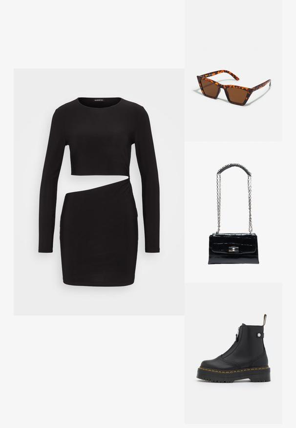 Schwarzes langärmliges Kleid mit einem gekürzten Oberteil und einem verdrehten Seitendetail, aus glattem, elastischem Stoff. Figurbetonte Silhouette.; Schwarze Knöchelboots aus glattem Leder, ausgestattet mit einem seitlichen Reißverschluss, gelben Nähten und einer dicken, geriffelten Gummisohle.; Braungetönte Sonnenbrille mit Schildpattmuster, eckigem Rahmen und schlanken Bügeln. Hergestellt aus leichtem Kunststoffmaterial.; Schwarze Handtasche aus Krokodilleder mit silbernem Drehverschluss und langem silbernem Kettenriemen mit Leder-Schulterpolster.