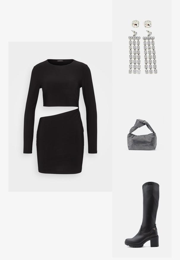 Sort langærmet kjole med en cropped top og et vridset detalje på siden, lavet af glat, strækbart stof. Skræddersyet silhuet.; Sorte knæhøje støvler lavet af glat læder med firkantet tå, kraftig blokhælt og tekstureret gummisål. Har et diskret logodetalje.; Sorte og sølv håndtaske med en tekstureret overflade, der har et diamantmønster, en knyttet håndtag og en struktureret form.; Krystal dråbeøreringe med sølvfarvet hardware, der har en kvadratisk stud og kaskader af rektangulære og oktagonale krystaller.
