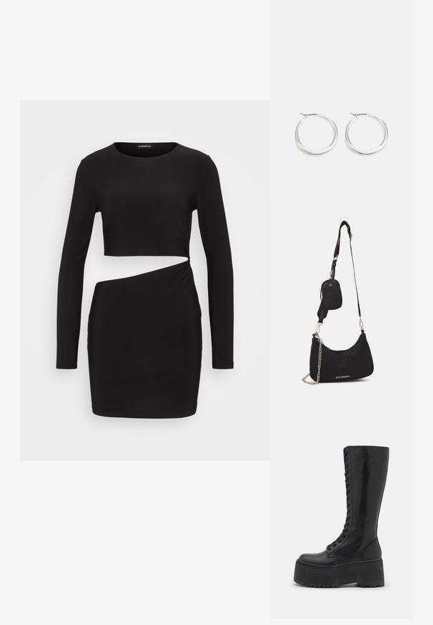 Sort langærmet kjole med en cropped top og et vridset detalje på siden, lavet af glat, strækbart stof. Skræddersyet silhuet.; Zign by Zalando LEATHER - Snørestøvler - black; Sort nylon skuldertaske med en buet form, sølvfarvet kædeaccent, aftagelig mini-pung og justerbar rem; prydet med "Steve Madden" logo.; Sølv hoops øreringe har et glat, afrundet design med en slank profil og sikker spænde. Minimalistisk stil med en poleret finish.