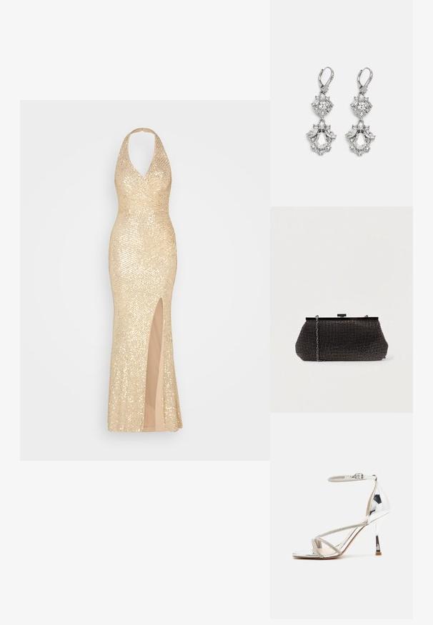 Robe en sequins dorés avec un col halter, une silhouette ajustée et une fente haute sur la cuisse. La doublure intérieure lisse complète la couche extérieure brillante.; Sandale à talons hauts en argent avec un design à lanières, en matériau scintillant, accents en strass et une fine bride à la cheville. Bout carré et talon poli.; Pochette noire en mesh avec une silhouette structurée, ornée de petits clous métalliques, dotée d'une fermeture à clip et d'une bandoulière en chaîne détachable.; Boucles d'oreilles en métal argenté ornées de plusieurs pierres précieuses en cristal transparent en forme de goutte et de marquise, avec des fermoirs à levier et des détails complexes.