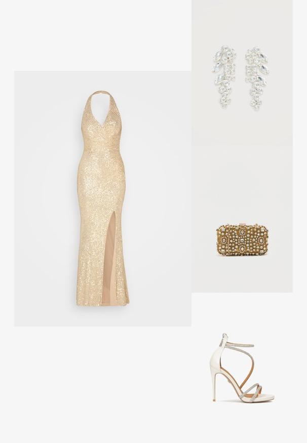 Vestido dorado con lentejuelas, de cuello halter, silueta ajustada y una abertura alta en el muslo. Forro interior suave que complementa la brillante capa exterior.; Sandalia de tacón alto blanca con brillantes tiras plateadas, punta abierta y cierre de cremallera en la parte trasera. Textura suave, diseño elegante y tacón puntiagudo.; Clutch dorado con intrincados adornos de cuentas y strass. Forma rectangular, cierre de broche y asa de cadena desmontable.; Par de pendientes en tono plateado con cristales claros facetados agrupados en formas redondas y marquesas sobre fondo blanco.