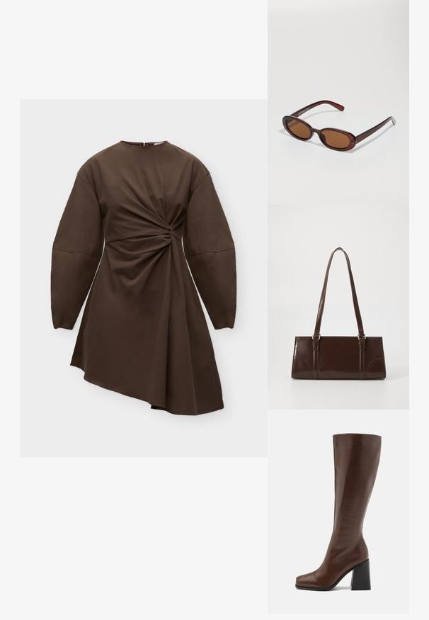 Bruine jurk met lange mouwen met gerimpelde draaidingdetail ter hoogte van de taille en asymmetrische zoom, getoond tegen een effen achtergrond.; RAID RENZO - Laarzen - brown; Ronde, bruin getinte zonnebril met een glanzend bordeauxrood frame. Slanke pootjes met subtiele merkdetails. Vlakke lensontwerp.; Bruine lakleren handtas met een rechthoekige vorm, twee lange handvatten en subtiele gebogen accenten aan de voorkant.