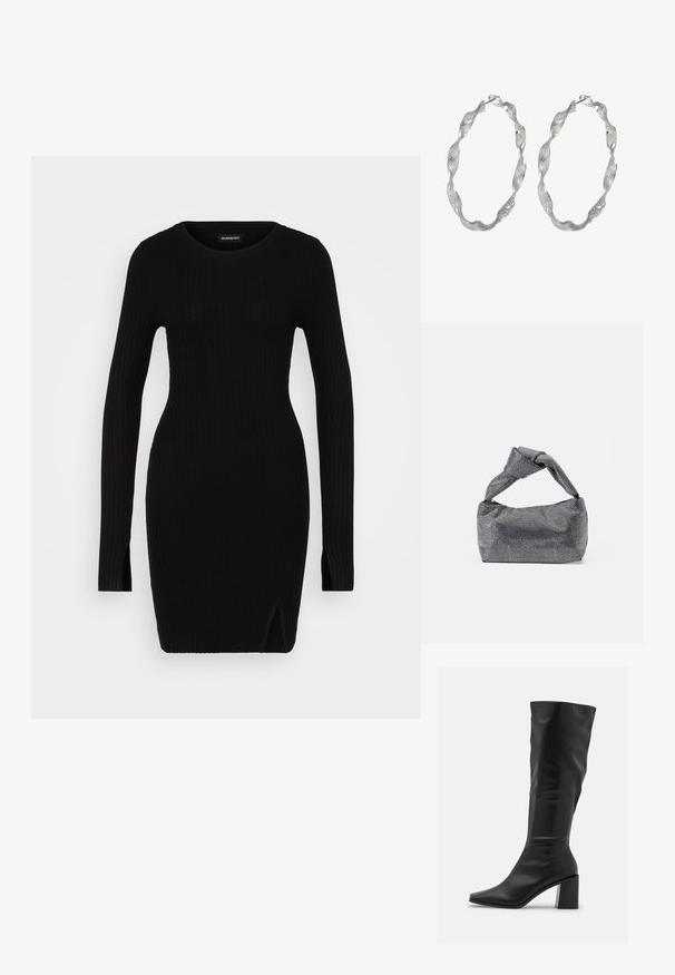 Sort ribbet strikkjole med lange ærmer, rund halsudskæring, sideslidser og tætsiddende silhuet, der fremhæver en glat tekstur og minimalistisk design.; RAID BLICK - Høje støvler/ Støvler - black; Sorte og sølv håndtaske med en tekstureret overflade, der har et diamantmønster, en knyttet håndtag og en struktureret form.; Sølv hoop øreringe med et snoet design, der har en tekstureret overflade og en sikker lås. Letvægts og reflekterende med en glat finish.