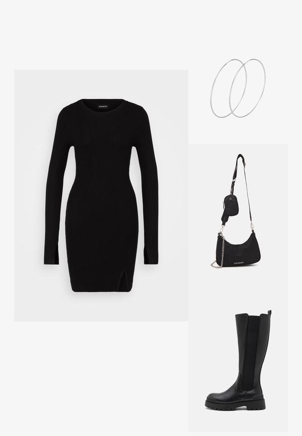 Schwarzes, geripptes Strickkleid mit langen Ärmeln, rundem Ausschnitt, seitlichen Schlitzen und taillierter Silhouette, das eine glatte Textur und ein minimales Design zeigt.; Even&Odd by Zalando Plateaustiefel - black; Schwarze Nylon-Umhängetasche mit geschwungener Form, silbernem Kettenakzent, abnehmbarem Mini-Pouch und verstellbarem Trageriemen; mit "Steve Madden"-Logo.; Silberne Creolen mit minimalistischem Design. Rundform, glatte Oberfläche und dünnes Profil. Leichtgewichtig mit hochglänzender Oberfläche.