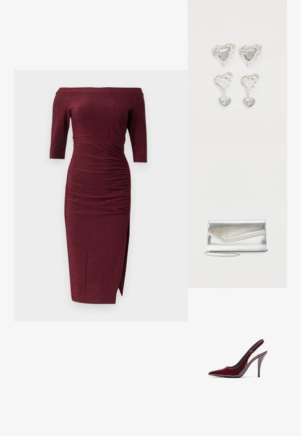 Burgundia õlgadeta midi kleit kolmeveerandvarrukatega, kortsutatud vöökohaga ja külje pealt lõhikuga, ühtlase taustaga.; Burgundia patendiga nahast slingback kets terava ninaga, kõrge stiletto kontsaga ja sileda, sujuva tekstuuriga. Reguleeritava rihma detail.; Särav hõbedane õlalamp lkleeplapiga ja dekoratiivse äärisega, väike hõbedane ketirihm, ühevärvilise heleda taustaga.; Hõbedased südamekujulised kõrvarõngad on kaunistatud lõhikute ja selgete kividega ning neil on tekstureeritud raam. Komplekti kuuluvad kõrvarõngad nupud ja rippuvad mudelid.
