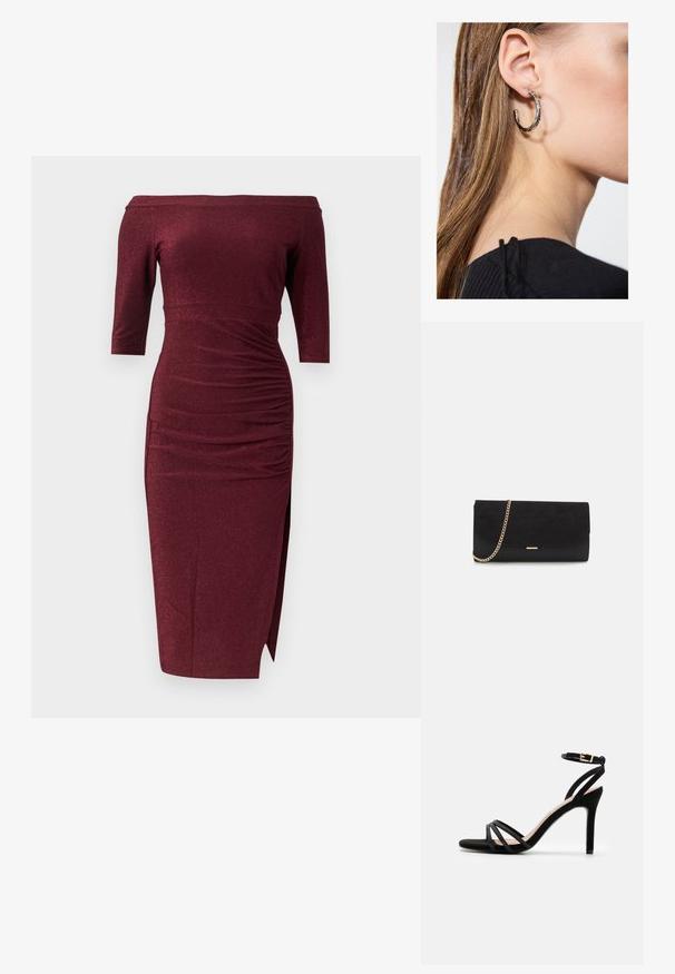 Robe midi bordeaux à épaules dénudées avec manches trois-quarts, taille froncée et fente latérale sur fond uni.; Anna Field Sandales - black; Porte-monnaie noir en daim avec une finition texturée, doté d'une chaîne dorée et d'un design épuré et angulaire.; Boucle d'oreille en argent avec une finition polie, présentant de petits détails en or et de forme ronde, portée sur le lobe.