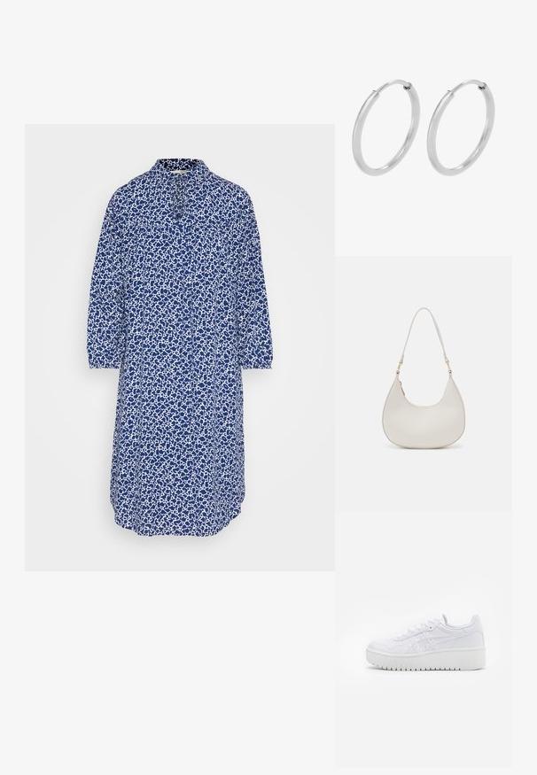 Esprit DRESS MIDI - Vestido informal - ink; Zapatillas de plataforma blancas con una textura de cuero suave, detalles perforados y cordones planos; cuentan con una suela de goma blanca gruesa.; Bolso de hombro de cuero crema con forma de media luna, correa delgada y sutil detalle de costuras. Diseño minimalista con acentos de hardware en tono dorado.; Pendientes de aro de plata, forma circular, textura lisa y brillante, y ancho constante en toda su extensión. Diseño minimalista sin acentos adicionales.