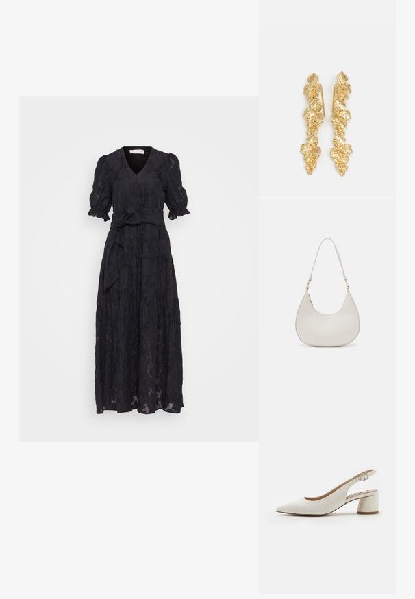 Selected SLFCATHI-SADIE - Maxi-jurk - dark sapphire; Witte leren slingback pump met een spitse neus, middelhoge blokhak en verstelbare strap. Gladde textuur; minimalistisch ontwerp.; Crème leren schoudertas met een halve maan vorm, dunne schouderband en subtiele stiksels. Minimalistisch ontwerp met gouden hardware accenten.; Gouden oorbellen ontworpen als watervallen van bladeren, met gedetailleerde bladvormen en een glanzende metalen afwerking. Lichtgewicht met een delicate structuur.