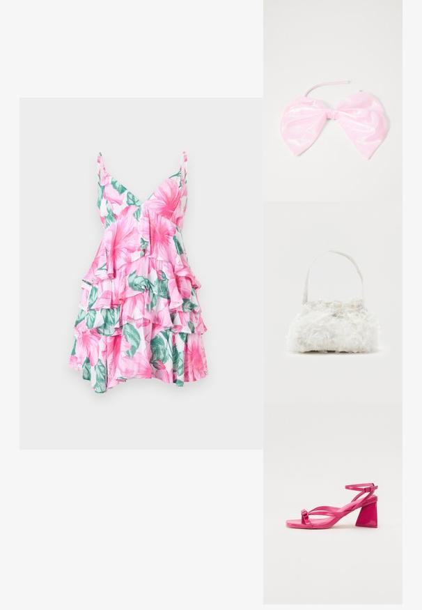 Vestido floral con escote en V, patrón de flores sobredimensionadas en rosa y verde, volantes en capas y un tejido ligero.; Sandalias de tacón de charol rosa con punta cuadrada, tiras estrechas y un tacón geométrico cuadrado. Presenta un detalle de hebilla en la tira.; Pequeño bolso blanco con rosas de tela que cubren su cuerpo y una delgada correa única como asa, sobre un fondo liso.; Accesorio para el cabello de color rosa y brillante con forma de gran lazo, con una textura suave y una delgada correa para asegurarlo en su lugar.