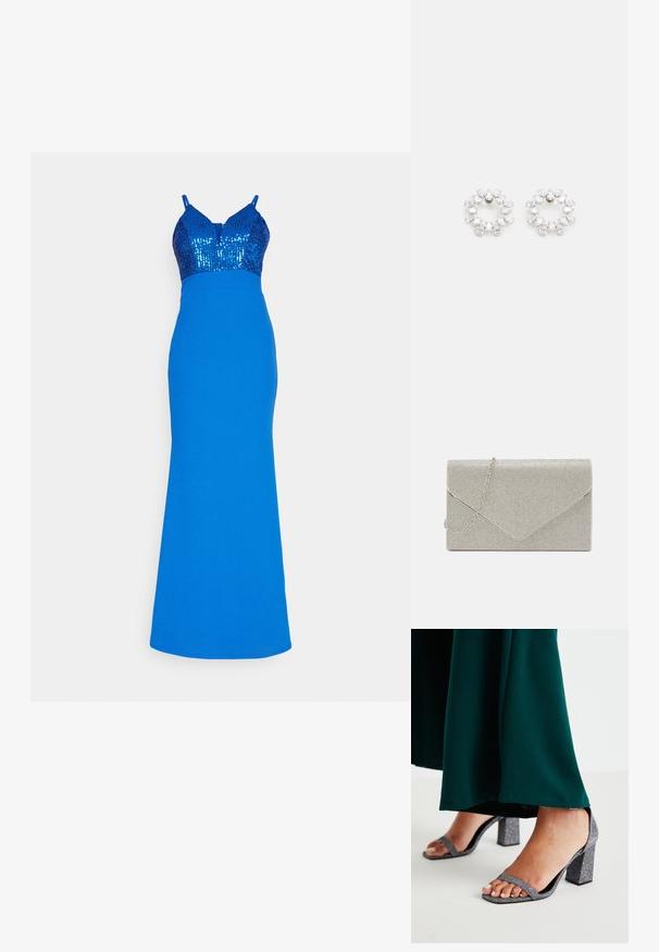 WAL G. TAZMIN SEQUIN DRESS - Robe longue - electric blue; Sandales à talons carrés en paillettes argentées avec deux fines brides et un orteil carré. Accompagnées d'un vêtement long jusqu'au sol de couleur vert foncé.; Pochette argent métallique au design d'enveloppe, ornée d'un motif texturé, avec une chaîne amovible.; Boucles d'oreilles circulaires en métal, ornées de plusieurs pierres transparentes et facettées disposées dans un motif étincelant. Incolores et réfléchissantes.