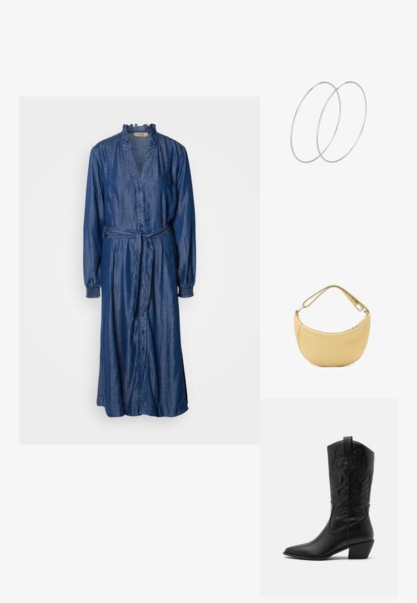Denim jurk met lange mouwen, ruches bij de kraag, knopen aan de voorkant en een strikceintuur op de taille. Diepblauwe kleur met een zachte, gestructureerde afwerking.; Zwarte leren cowboylaars met een spitse neus, gegraveerde draaiende patronen en een halfhoge hak. Voorzien van een trekhaak voor gemakkelijk aan- en uittrekken.; Zachte beige leren schoudertas in de vorm van een halve maan met verstelbare riem en zilveren ritssluiting.; Zilveren hoepel oorbellen met een minimalistisch ontwerp. Cirkelvormig, gladde textuur en dun profiel. Lichtgewicht met een gepolijste afwerking.