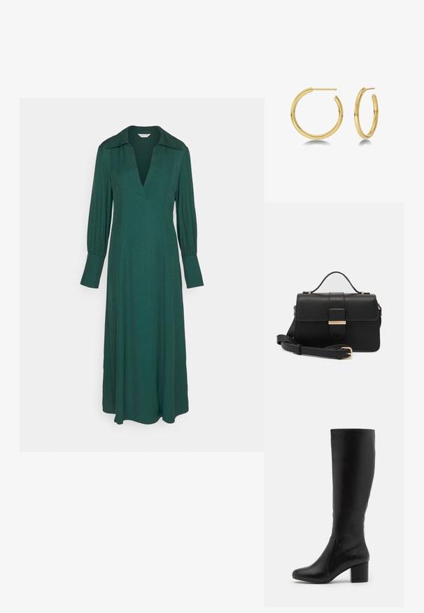 GANT HIGH CUFF DRESS - Freizeitkleid - tartan green; Knielange schwarze Lederstiefel mit glatter Textur, abgerundeter Zehenpartie, Seitenpaneel und einem massiven Blockabsatz.; Schwarze Lederhandtasche mit goldenen Metallakzenten, rechteckige Form, Klappenverschluss, verstellbarer Schultergurt, glatte Textur, minimalistisches Design.; Goldene Creolen mit einer glatten, polierten Oberfläche. Der größere Kreolenring ist rund mit einer Steckverschlusssicherung und der kleinere Ring hat einen etwas kleineren Durchmesser.