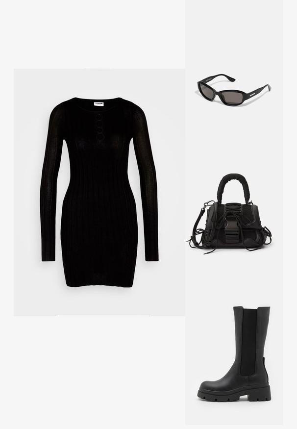 Noisy May NMFREY - Šaty do práce - black; ONLY SHOES ONLDOJA - Čižmy na platforme - black; Čierne slnečné okuliare s obdĺžnikovým rámom, tmavými šošovkami, hladkým plastovým materiálom a kovovým akcentom na ramene.; Čierna kabelka s mriežkovým exteriérom, tkanou rukoväťou a dekoratívnym šnurovaním. Obsahuje odnímateľný popruh a kontrastné kovové akcenty.