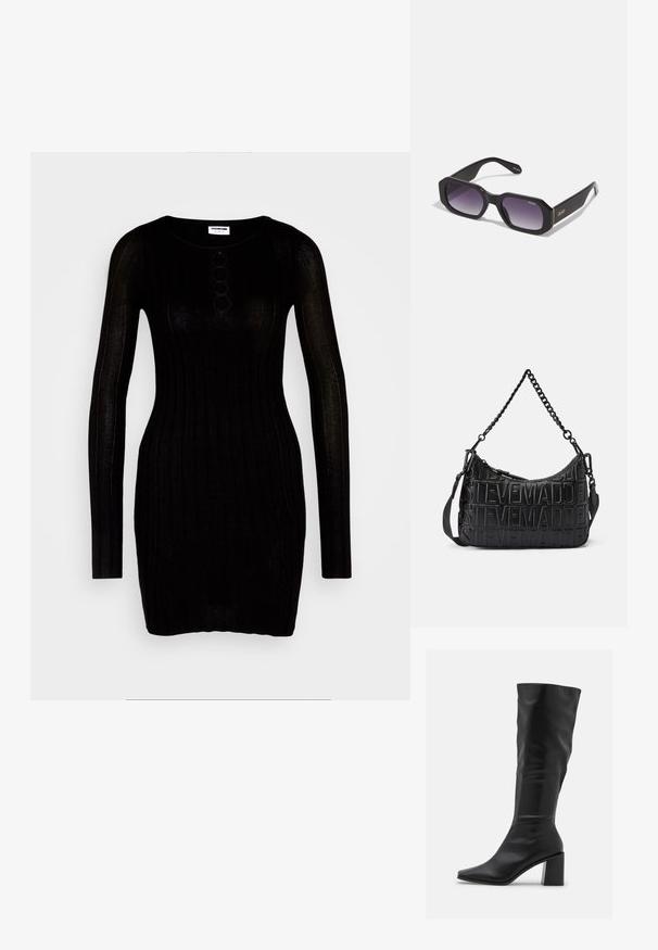 Noisy May NMFREY - Etuikjole - black; RAID BLICK - Høje støvler/ Støvler - black; Storede sorte solbriller med oversize stil, flad front, gradient mørkelilla linser og guld-accenterede stænger med brandlogoet "Quay."; Sort håndtaske lavet af tekstureret læder, med et præget logo-design, enkelt kæde og aftagelig rem, samt lynlås-lukning.