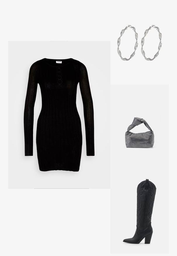 Noisy May NMFREY - Etuikjole - black; Zign LEATHER - Cowboy- / bikerstøvler - black; Sorte og sølv håndtaske med en tekstureret overflade, der har et diamantmønster, en knyttet håndtag og en struktureret form.; Sølv hoop øreringe med et snoet design, der har en tekstureret overflade og en sikker lås. Letvægts og reflekterende med en glat finish.