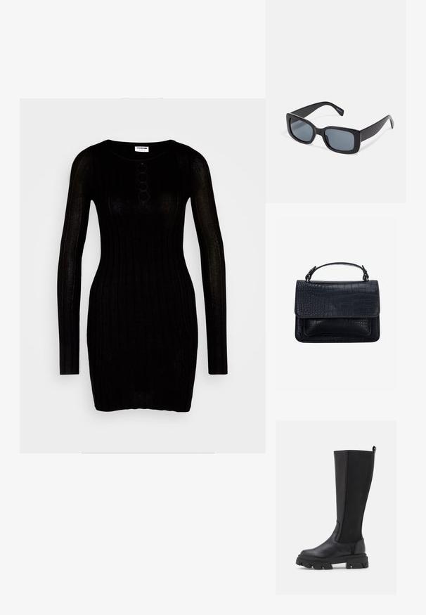 Noisy May NMFREY - Etuikleid - black; Schwarze kniehohe Stiefel mit einer glatten Lederfront und einem strukturierten Stoffrücken, ausgestattet mit einer kräftigen, genoppten Sohle und einer Zuglasche für ein einfaches Anziehen.; Schwarze rechteckige Sonnenbrille mit dunkel getönten Gläsern, dickem Kunstrahmen und breiten Bügeln. Glatte Oberfläche und kantiges Design.; Schwarze Handtasche mit Krokodillederstruktur, rechteckige Form, obere Klappe und ein einzelner kurzer Griff.
