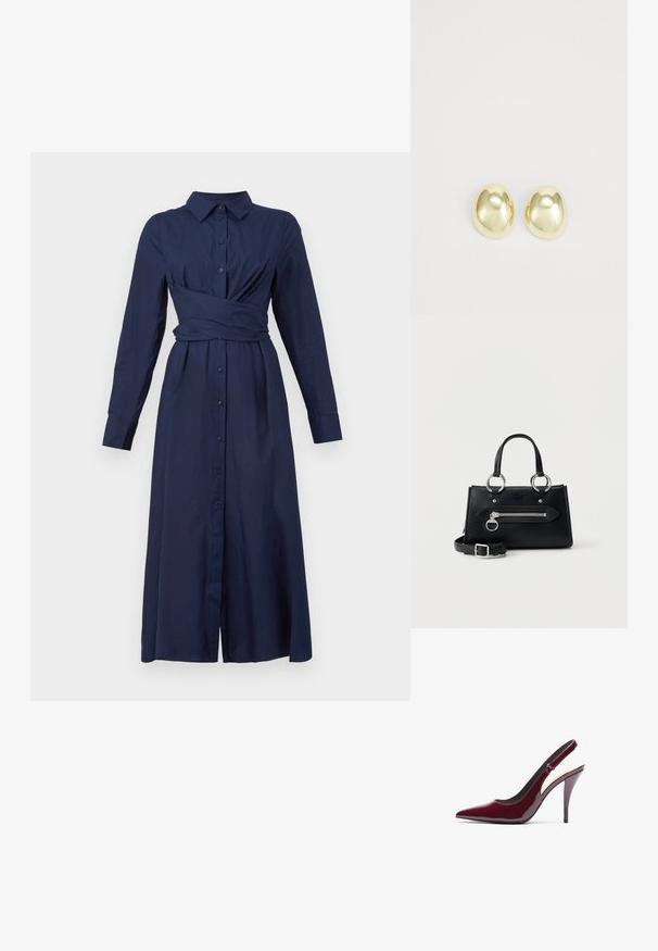 Vestido azul marino con botones, cuello, mangas largas y una cintura retorcida y fruncida. Presenta una silueta recta y un dobladillo a la altura de la rodilla.; Zapatos de tacón slingback de charol burdeos con punta afilada, alto tacón de aguja y una textura suave y elegante. Detalle de correa ajustable.; Bolso de cuero negro con bolsillo con cremallera plateada y tirador de cremallera en forma de anillo, doble asa con anillos plateados y correa con hebilla desmontable.; Pendientes de metal en tono dorado, con forma suave y redondeada y acabado pulido. Diseño sencillo sin adornos adicionales.