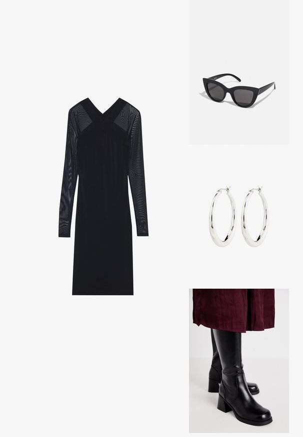 Schwarzes Kleid mit langen, durchsichtigen Netzärmel und tiefem V-Ausschnitt. Der Oberteil hat ein Kreuzdesign und eine glatte, figurbetonte Silhouette.; Schwarze kniehohe Stiefel mit einer glatten Lederoberfläche, rechteckigen Blockabsätzen und seitlichen Nähdetails, kombiniert mit einem kastanienbraunen Rock.; Schwarze Cat-Eye-Sonnenbrille mit matter Oberfläche, grauen getönten Gläsern, scharfen Kanten und schlanken Bügeln. Der Markenname ist auf dem inneren Bügel sichtbar.; Silberne Creolen mit einer glatten, glänzenden Oberfläche. Kreisform, ausgestattet mit einem sicheren Verschluss. Einfaches und elegantes Design.