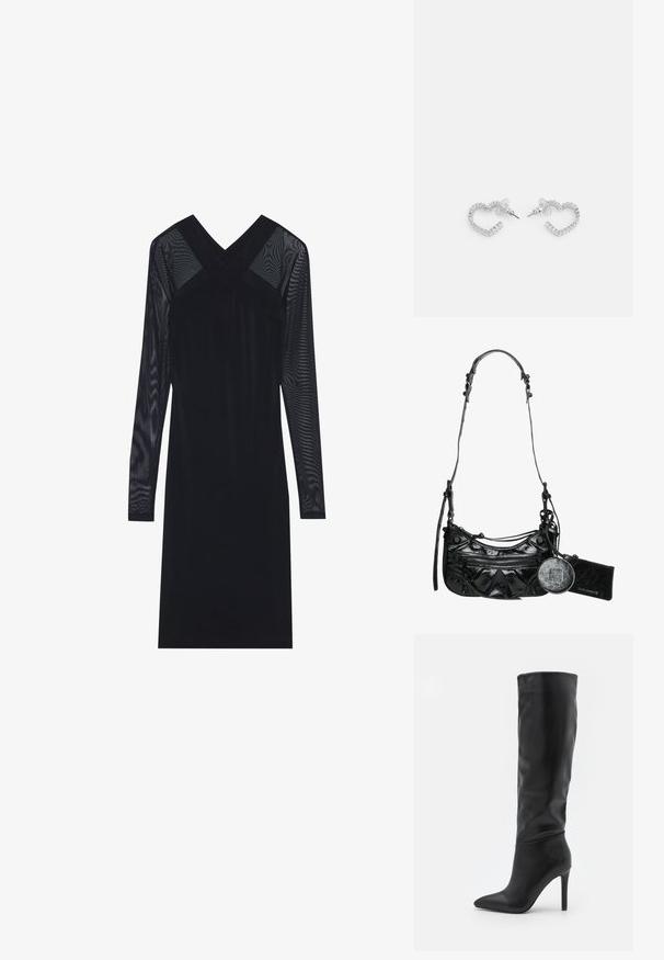 Robe noire avec de longues manches en mesh transparent et un décolleté en V profond. Le bustier présente un design croisé et une silhouette lisse et ajustée.; RAID TALISHA - Bottes - black; Sac à main en simili cuir noir avec un design courbé, poche avant zippée et quincaillerie décorative, comprenant une pochette à pièces ronde amovible.; Boucles d'oreilles en forme de cœur en métal argenté, ornées d'une rangée de strass rectangulaires transparents le long des bords.