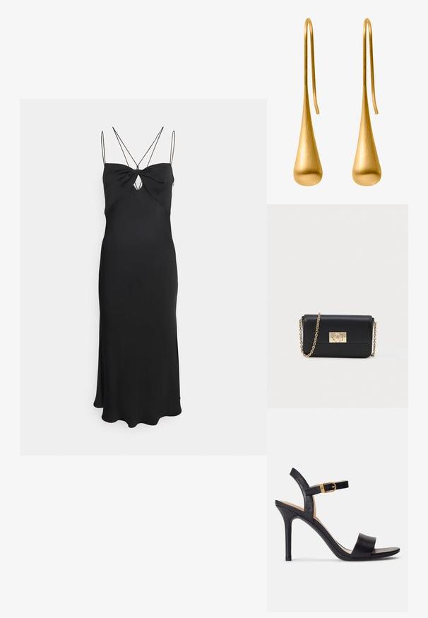 Calvin Klein MICRO STRAP TWIST SLIP DRESS - Cocktailjurk - black; Zwarte hoge hakken sandalen met een glad leren bovenwerk, open neus en een ontwerp met één band met een gouden gespaccent.}}; Zwarte leren schoudertas met gouden kettingband en rechthoekige gouden sluiting aan de voorkant, tegen een effen lichte achtergrond.; Gouden druppelogen in een slank, langwerpig druppelvorm met een geborstelde afwerking en draad haken voor gemakkelijk dragen.