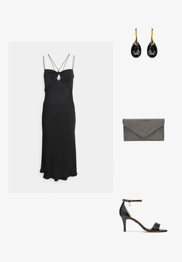 Calvin Klein MICRO STRAP TWIST SLIP DRESS - Cocktailjurk - black; Zwarte leren hoge hak sandaal met een enkele band over de tenen, enkelband, gouden hardware en een slanke stiletto hak.; Zwarte stoffen clutch met een getextureerd studpatroon en envelopsluiting, met een strakke rechthoekige vorm en zonder zichtbare hardware.; Zwarte kristallen druppeloorbellen met een teardrop-vorm, voorzien van een gepolijste gele gouden haak. Het kristal is gefacetteerd voor extra sprankeling.
