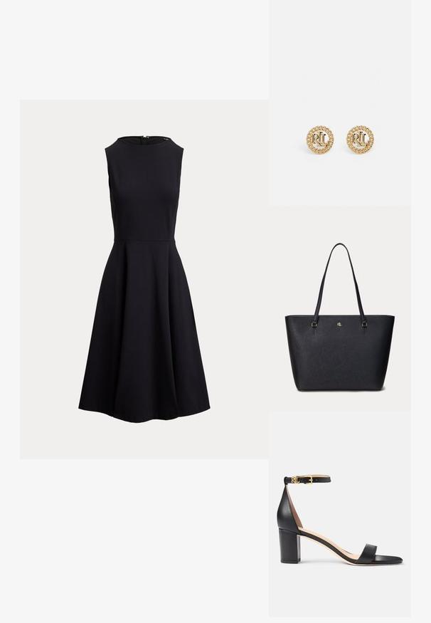 Čierne A-čkové šaty bez rukávov s okrúhlym výstrihom a zipsom na chrbte, priliehavé v páse a rozšírené v sukni.; Lauren Ralph Lauren LOGAN BURNISHED LEATHER SANDAL - Sandále - black; Čierna kožená taška tote s tenkými ramennými popruhmi a malým zlatým logom RLL umiestneným v strede blízko hornej prednej časti.; Zlaté náušnice s pevným dizajnom v tvare laná, so zvýrazneným logom "RL" v strede. Okrúhly tvar a hladký povrch.