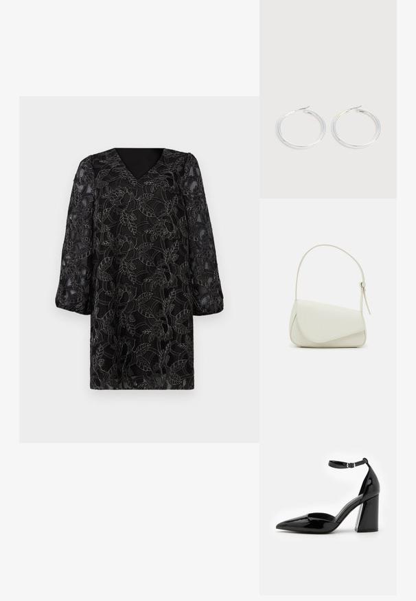 Vestido negro con escote en V, mangas largas con volumen y sobrecapa de encaje floral que presenta intrincados patrones de hojas y flores. Acabado texturizado.; Zapato de tacón alto de charol negro con punta afilada, correa en el tobillo y ancho tacón bloque para mayor estabilidad, con una textura suave y brillante.; Bolso de mano de imitación cuero blanco con una forma triangular estructurada, correa ajustable única y cierre con solapa acentuada en curva.; Pareja de pendientes de aro plateados brillantes con cierres de alambre delgado, mostrados sobre un fondo gris claro.