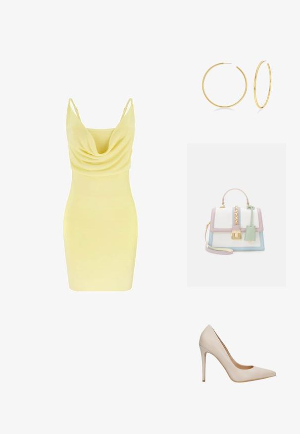 Ärmelloses, hellgelbes figurbetontes Kleid mit dünnen Trägern und einem drapierten Wasserfallausschnitt.; Beiger Leder-Pumps mit hohem Absatz, spitz zulaufender Schuhspitze, glatter Textur und schlankem Stiletto-Absatz. Minimalistisches Design ohne zusätzliche Verzierungen.; ALDO MARTISSA - Handtasche - pastel multi-coloured; Goldene Creolen mit einer glatten, polierten Oberfläche. Jeder Ohrring hat ein durchgehendes, kreisförmiges Design, wobei einer größer ist als der andere.