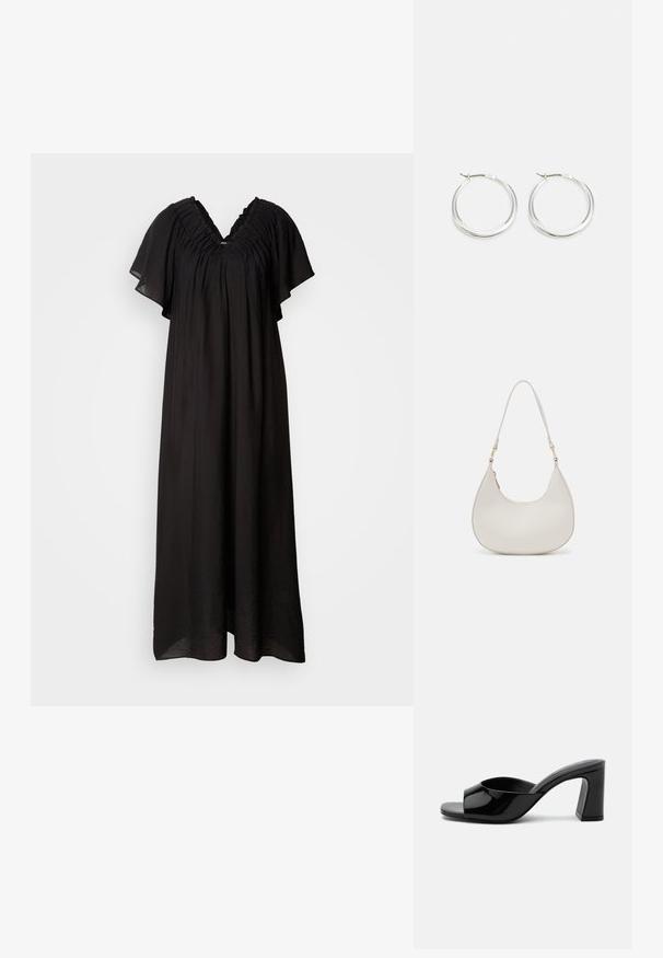 Robe maxi noire avec un décolleté en V et des détails froncés aux épaules. Tissu fluide avec des manches courtes et larges et une coupe ample.; Mule noire en cuir verni à bout ouvert avec une large bride et un talon bloc mi-haut massif sur fond blanc.; Sac épaule en cuir crème en forme de croissant, avec une fine sangle et des détails de coutures subtils. Design minimaliste avec des accents en métal doré.; Les boucles d'oreilles en argent en forme de créole présentent un design lisse et arrondi avec un profil fin et un fermoir sécurisé. Style minimaliste avec une finition polie.