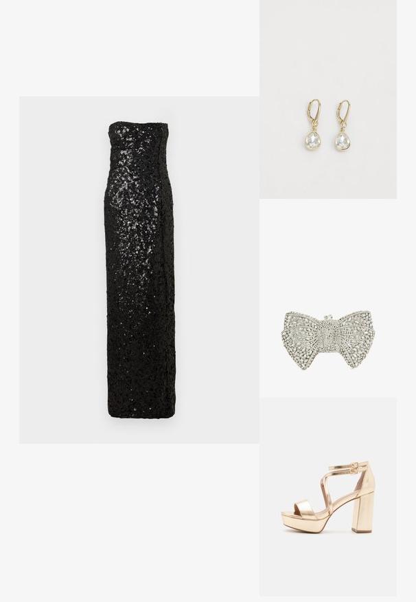 Schwarzes trägerloses Abendkleid mit figurbetonter Silhouette, besetzt mit Pailletten, mit geradem Ausschnitt und bodenlangem Saum.; Goldene metallische Plateausandalen mit einem klobigen Blockabsatz, offenen Zehen und kreuzweise verlaufenden Knöchelriemen mit Schnallenakzenten. Glatte Textur.; Silbern glänzende Clutch in Form einer Schleife, verziert mit klaren Strasssteinen und einem Kristallschloss oben.; DKNY TEARDROP - Ohrringe - gold-coloured