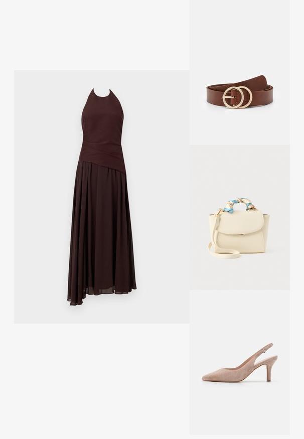 Robe marron foncé sans manches avec col dos nu, corsage ajusté, détail asymétrique à la taille et jupe plissée fluide.; Escarpin à talon aiguille en daim beige doux, à bout pointu, talon élancé et bride de cheville réglable avec boucle ronde.; Sac à main crème avec fermeture à rabat, bandoulière détachable et tissu floral torsadé bleu et crème enveloppant la poignée supérieure.; Ceinture en cuir marron dotée de deux boucles circulaires en ton or, avec une texture lisse et un design minimaliste. La longueur et la largeur varient.
