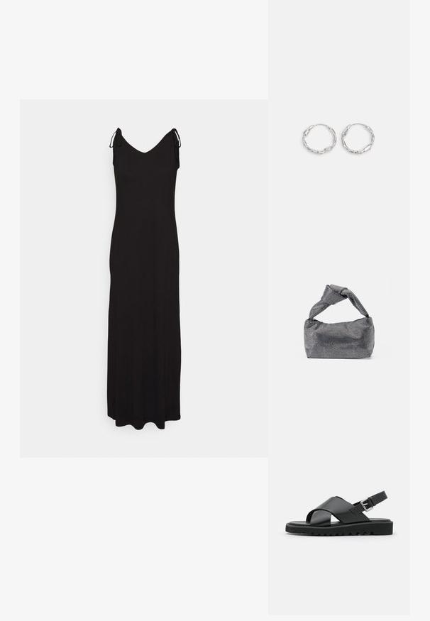 Even&Odd by Zalando Maxikjoler - black; Sorte lædersandaler med et korsremdesign, justerbar spænde og en tekstureret sål med riller for bedre greb.; Sorte og sølv håndtaske med en tekstureret overflade, der har et diamantmønster, en knyttet håndtag og en struktureret form.; Sølv hoops med en bølget, uregelmæssig tekstur. Har en tynd, cirkulær form og en reflekterende finish.